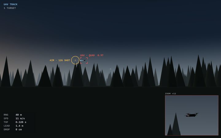 View through the display: a drone over a treeline, boxed, with a lead circle.