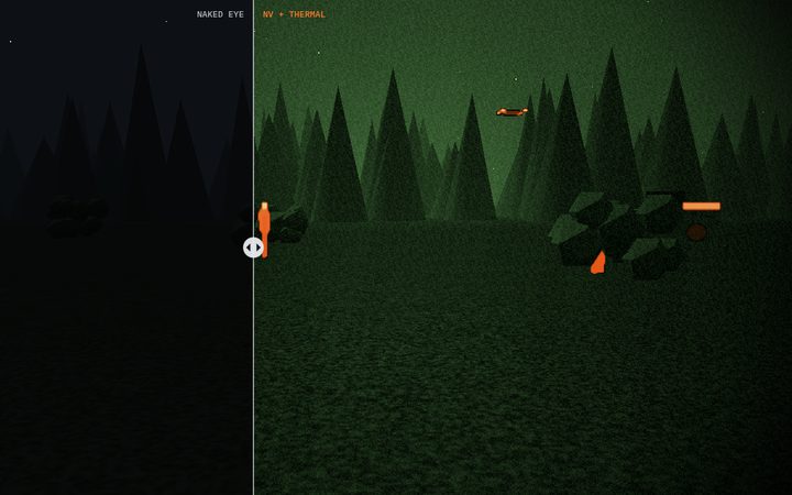 A night field split between the naked eye and night vision with thermal overlay.